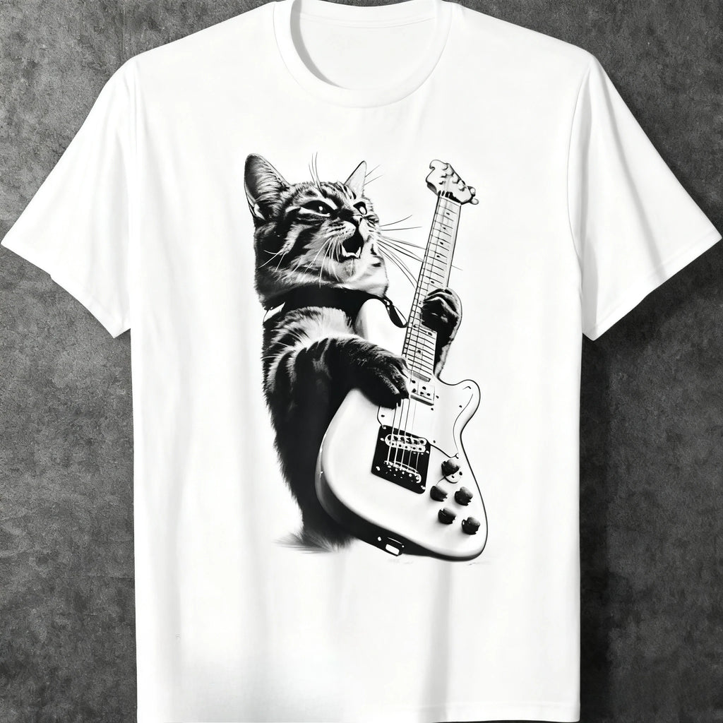 Camiseta Rock Cat Streetwear – Gato con Guitarra Oversize