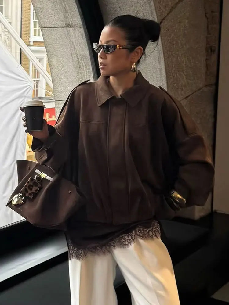 Chaqueta Vintage Suede Mujer – Streetwear Retro Jacket