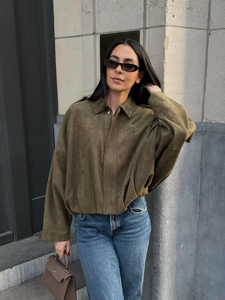 Chaqueta Vintage Suede Mujer – Streetwear Retro Jacket