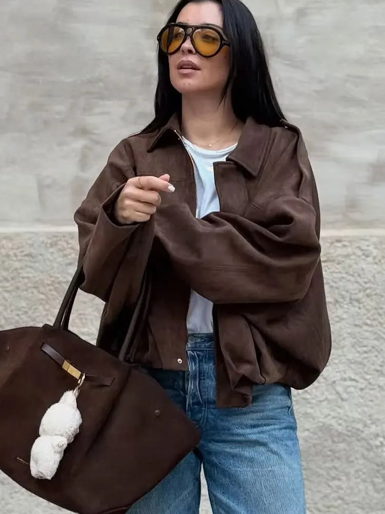 Chaqueta Vintage Suede Mujer – Streetwear Retro Jacket