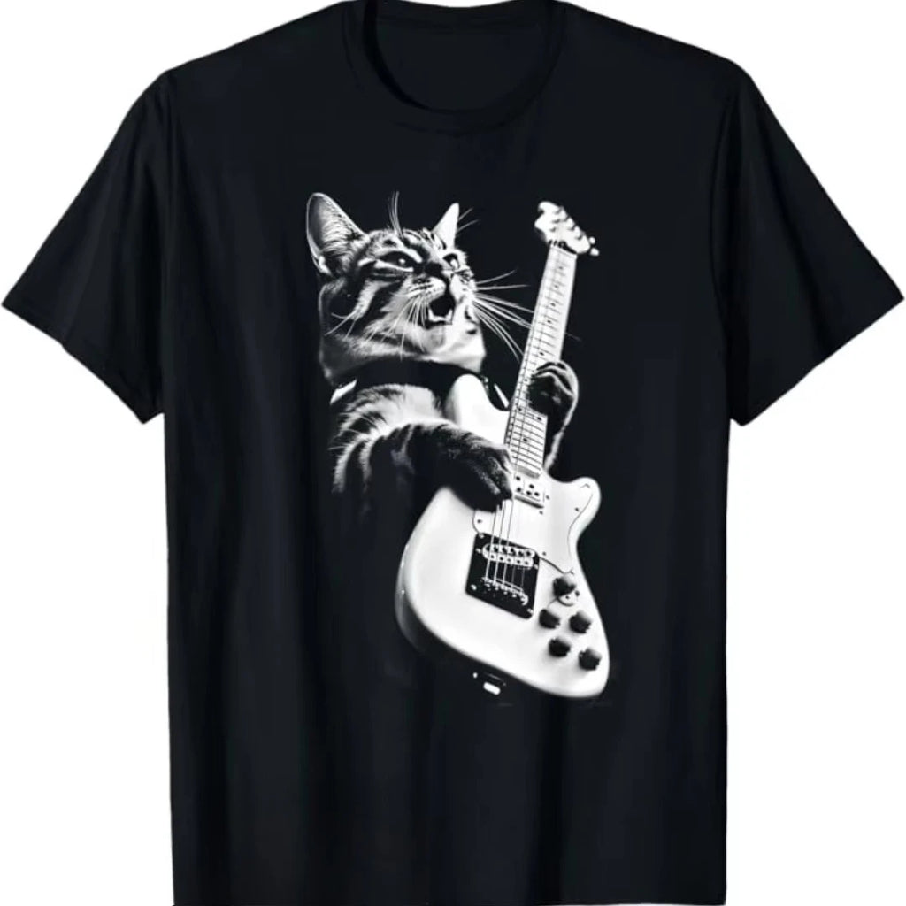 Camiseta Rock Cat Streetwear – Gato con Guitarra Oversize